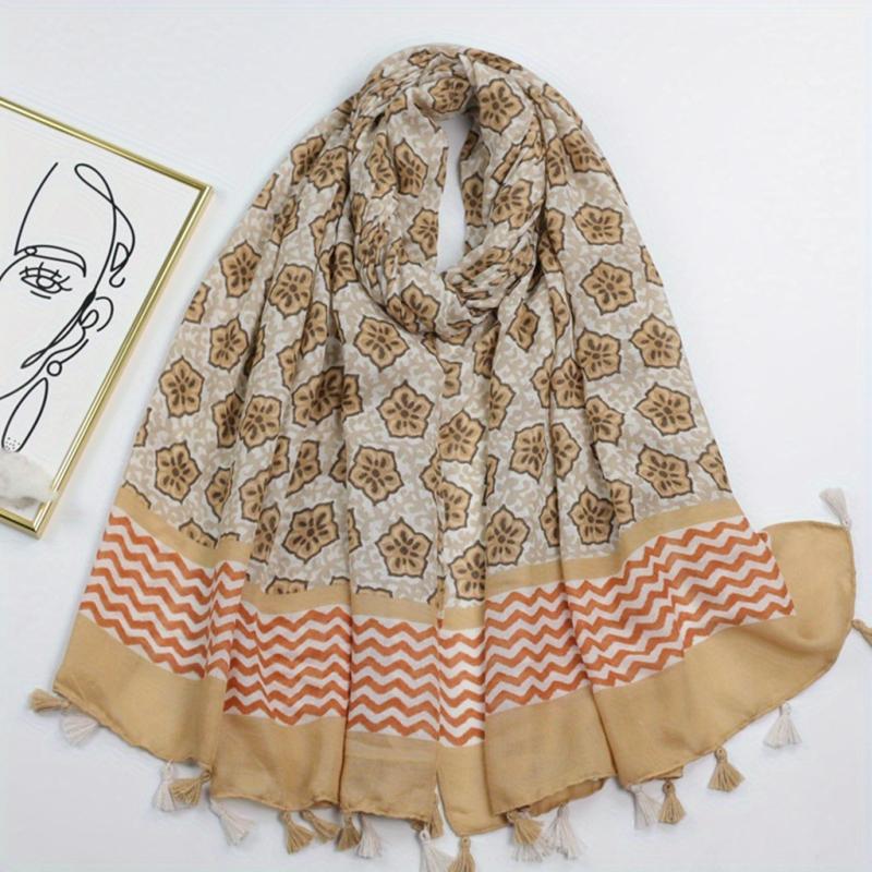 Geometric Floral Print Tassel Scarf Vintage Striped Shawl