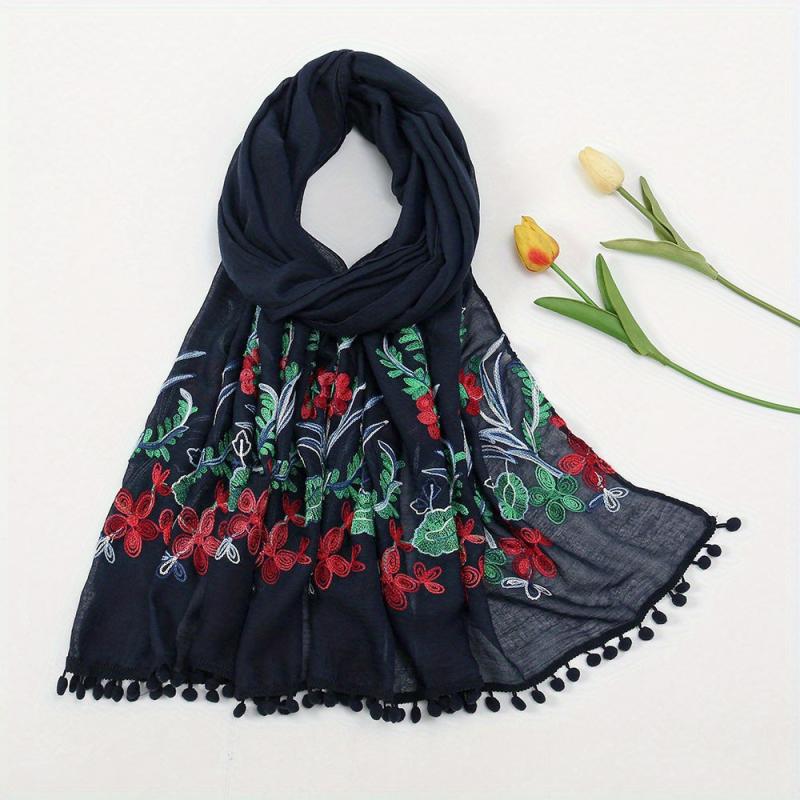 Leaf Flower Embroidery Scarf Tassel Hijab Boho Shawl with Chinese Style