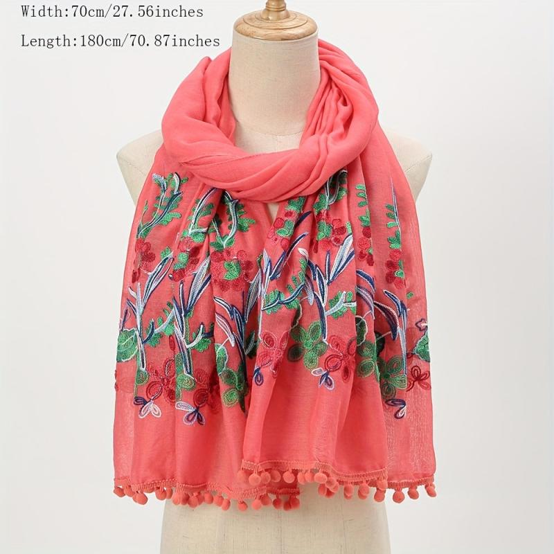 Leaf Flower Embroidery Scarf Tassel Hijab Boho Shawl with Chinese Style