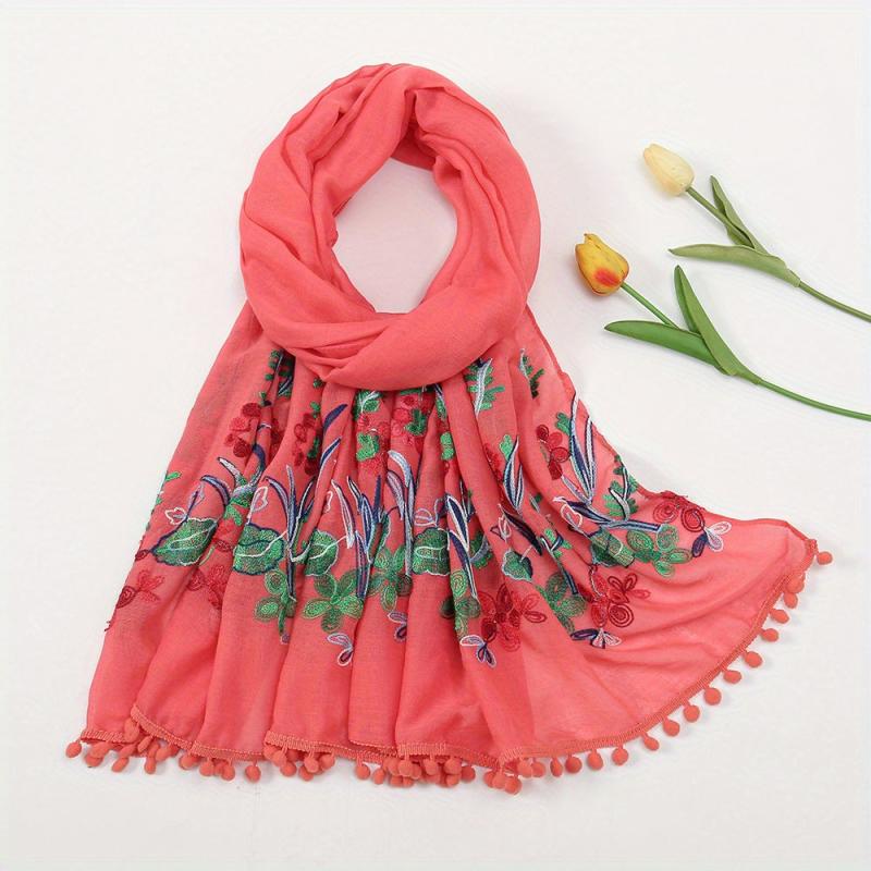 Leaf Flower Embroidery Scarf Tassel Hijab Boho Shawl with Chinese Style