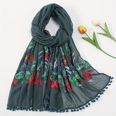 Leaf Flower Embroidery Scarf Tassel Hijab Boho Shawl with Chinese Style