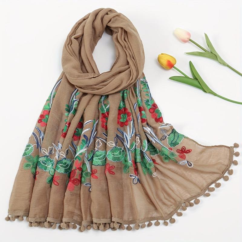 Leaf Flower Embroidery Scarf Tassel Hijab Boho Shawl with Chinese Style