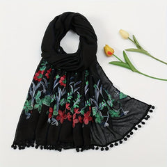 Leaf Flower Embroidery Scarf Tassel Hijab Boho Shawl with Chinese Style