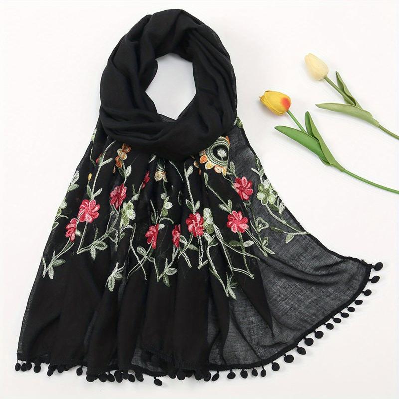 Leaf Flower Embroidery Scarf Tassel Hijab Boho Shawl with Chinese Style