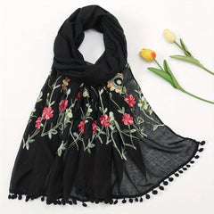Leaf Flower Embroidery Scarf Tassel Hijab Boho Shawl with Chinese Style