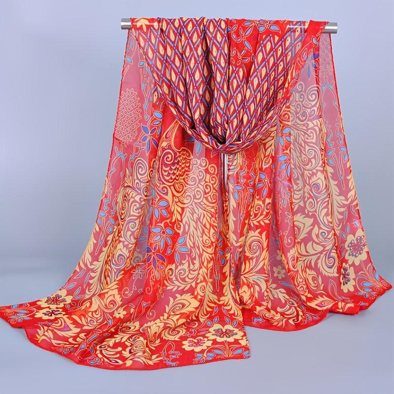 Peacock Print Chiffon Silk Shawl Women Scarf