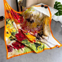 Oil Painting Print Square Scarf Silk Shawl Women Head Wrap Sunscreen