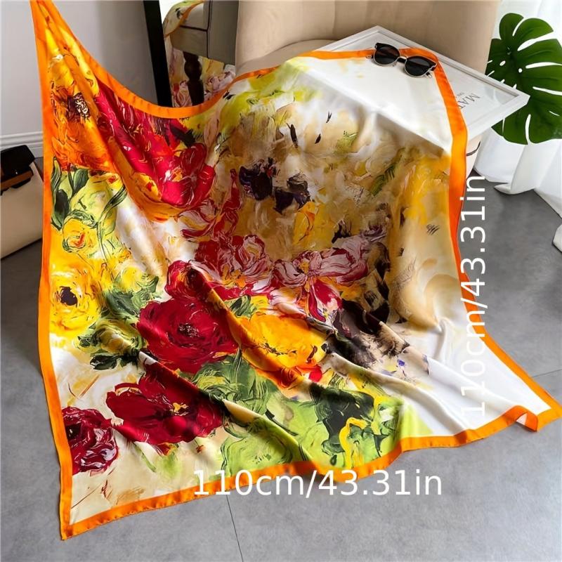 Oil Painting Print Square Scarf Silk Shawl Women Head Wrap Sunscreen