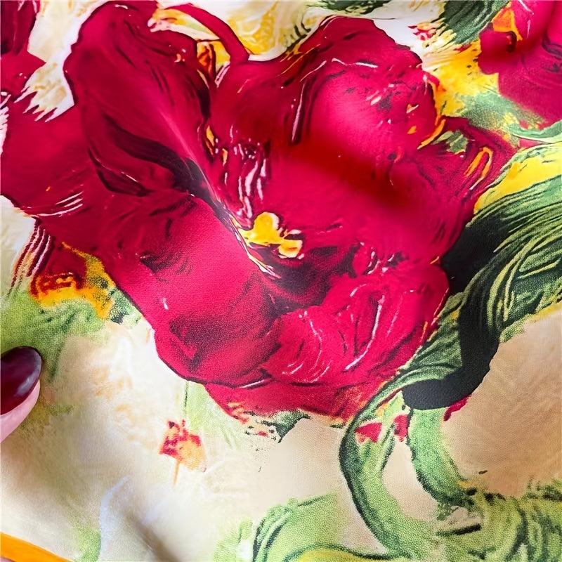 Oil Painting Print Square Scarf Silk Shawl Women Head Wrap Sunscreen
