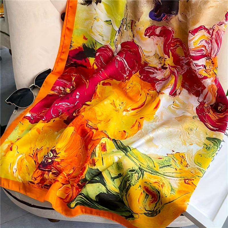 Oil Painting Print Square Scarf Silk Shawl Women Head Wrap Sunscreen