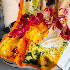 Oil Painting Print Square Scarf Silk Shawl Women Head Wrap Sunscreen