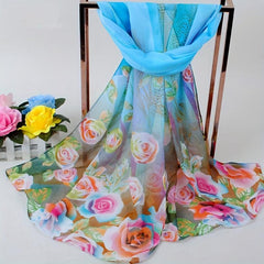 Flower Print Chiffon Scarf Boho Sunscreen Shawl Women Windproof Head Wrap