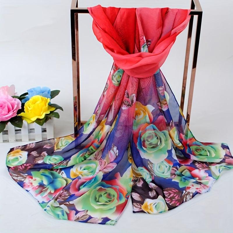 Flower Print Chiffon Scarf Boho Sunscreen Shawl Women Windproof Head Wrap