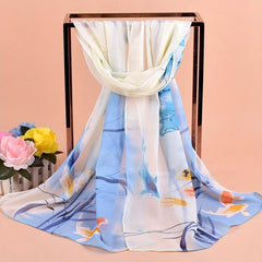 Lotus Goldfish Print Chiffon Scarf for Summer Sunscreen