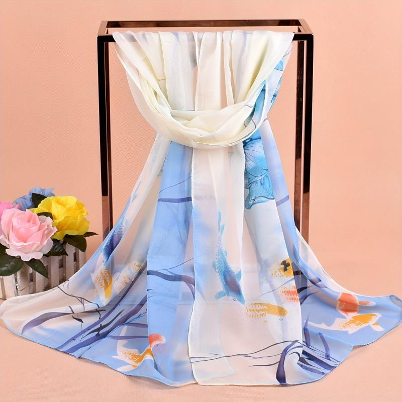 Lotus Goldfish Print Chiffon Scarf for Summer Sunscreen