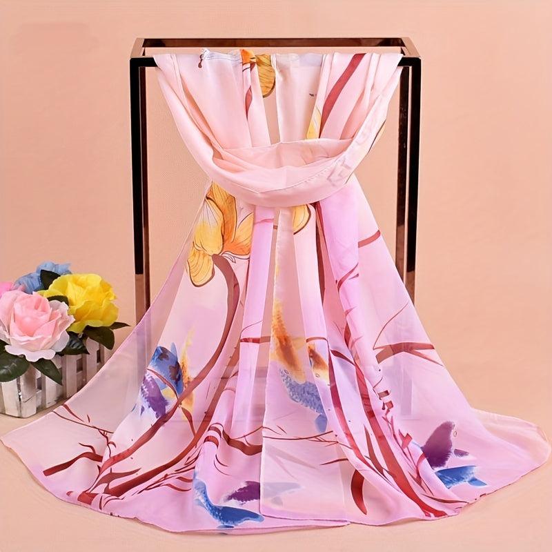 Lotus Goldfish Print Chiffon Scarf for Summer Sunscreen