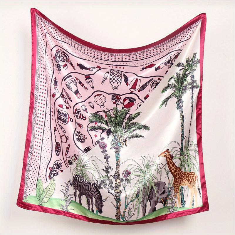Cartoon Animal Print Silk Bandana Square Scarf Beach Towel Head Wrap