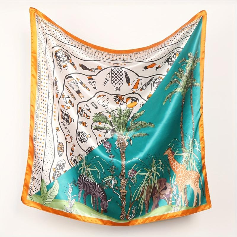 Cartoon Animal Print Silk Bandana Square Scarf Beach Towel Head Wrap