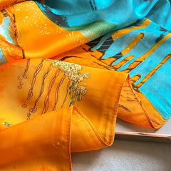 Peacock Print Scarf Orange & Block Satin Shawl