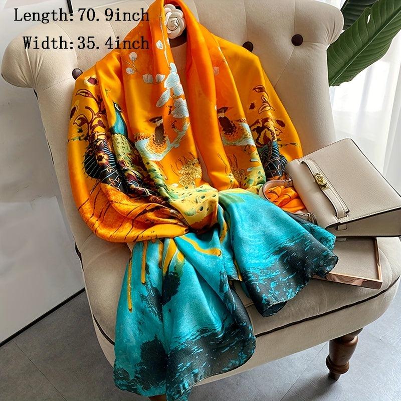 Peacock Print Scarf Orange & Block Satin Shawl