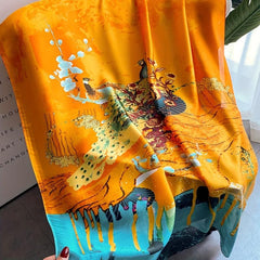 Peacock Print Scarf Orange & Block Satin Shawl