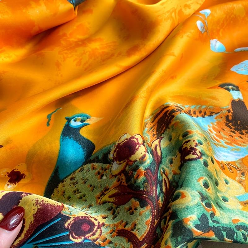 Peacock Print Scarf Orange & Block Satin Shawl