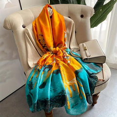 Peacock Print Scarf Orange & Block Satin Shawl