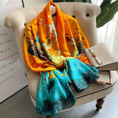Peacock Print Scarf Orange & Block Satin Shawl