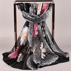 Sunflower Print Chiffon Scarf Thin Silk Shawl