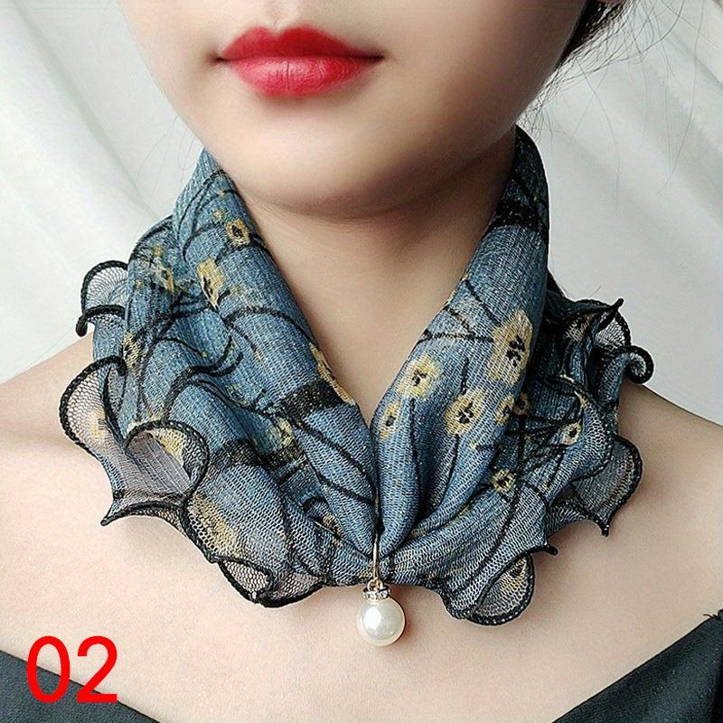 Lace Ruffles Scarf Faux Pearl Pendant Neck Gaiter