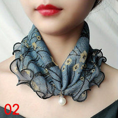 Lace Ruffles Scarf Faux Pearl Pendant Neck Gaiter