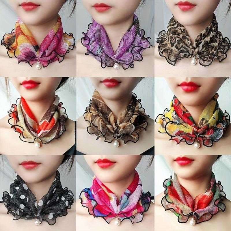 Lace Ruffles Scarf Faux Pearl Pendant Neck Gaiter