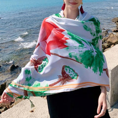 Green Tassel Scarf Classic Lotus Print Shawl Sunscreen Head Wrap