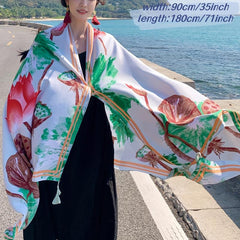 Green Tassel Scarf Classic Lotus Print Shawl Sunscreen Head Wrap