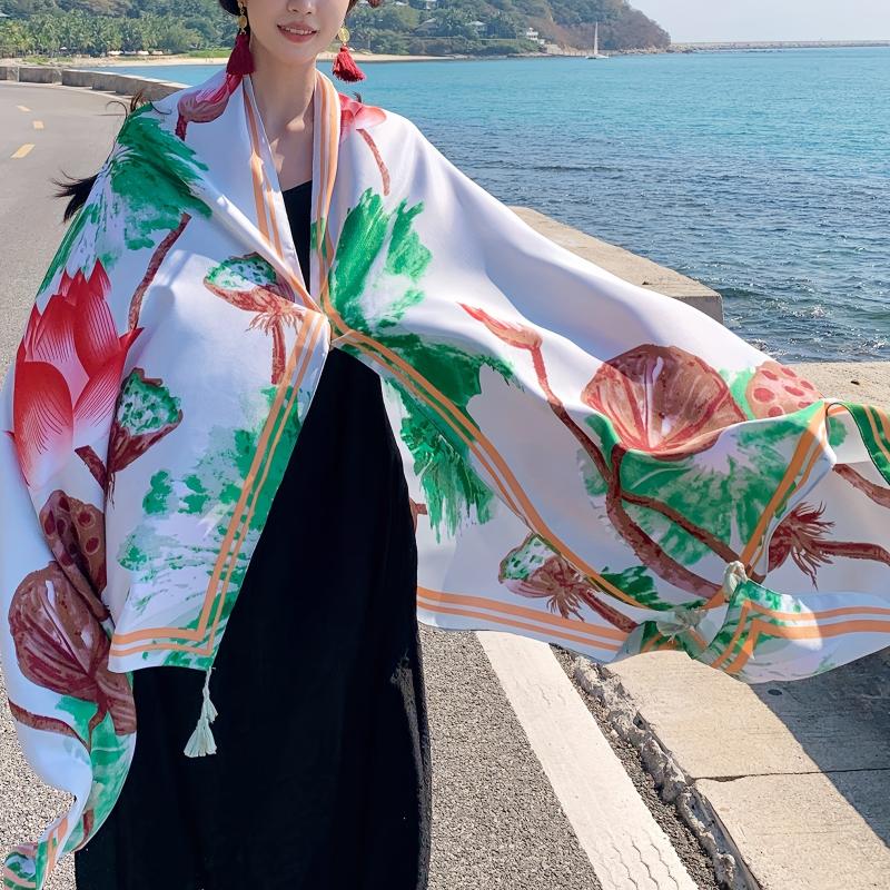 Green Tassel Scarf Classic Lotus Print Shawl Sunscreen Head Wrap