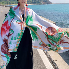 Green Tassel Scarf Classic Lotus Print Shawl Sunscreen Head Wrap