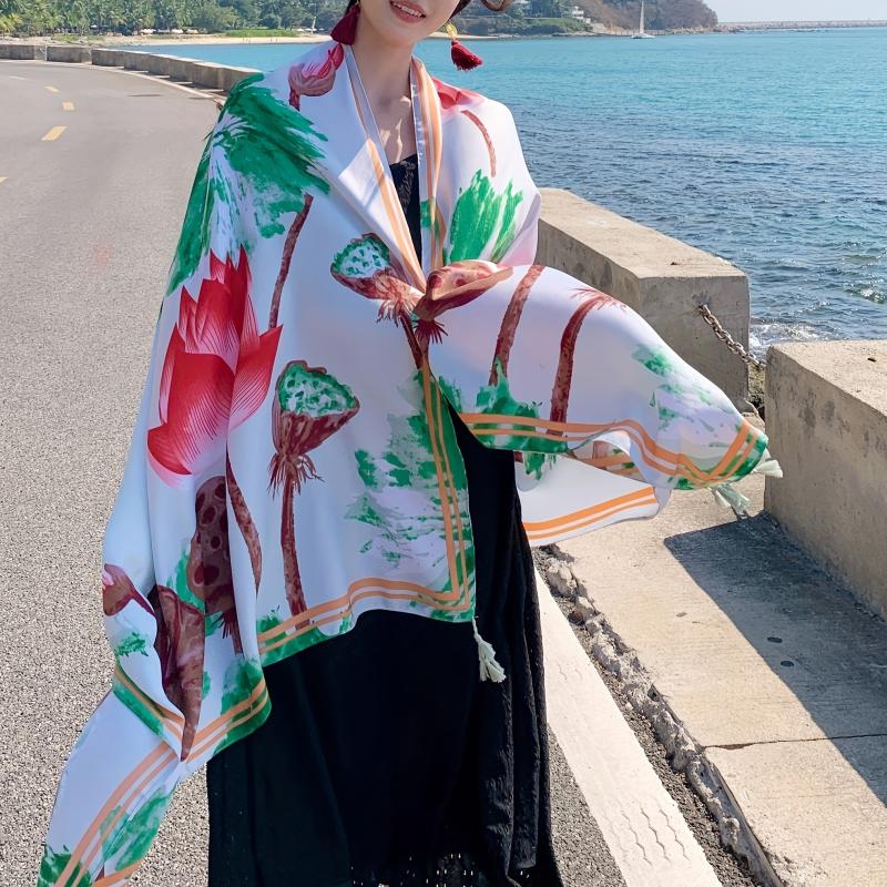 Green Tassel Scarf Classic Lotus Print Shawl Sunscreen Head Wrap