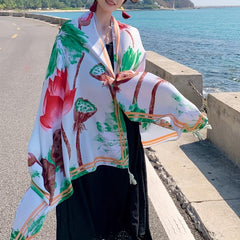 Green Tassel Scarf Classic Lotus Print Shawl Sunscreen Head Wrap