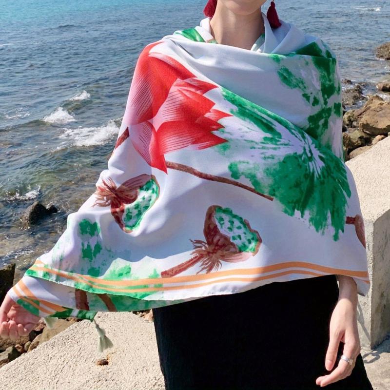 Green Tassel Scarf Classic Lotus Print Shawl Sunscreen Head Wrap
