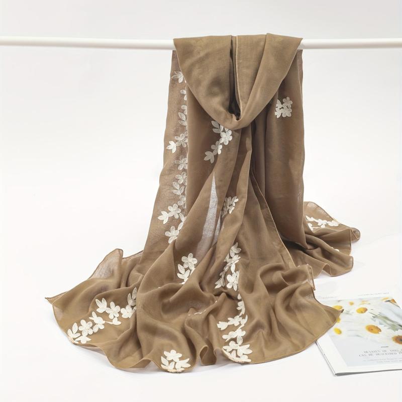 Vintage Flower Embroidery Scarf Khaki Shawl Breathable Hijab
