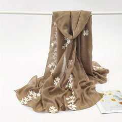 Vintage Flower Embroidery Scarf Khaki Shawl Breathable Hijab