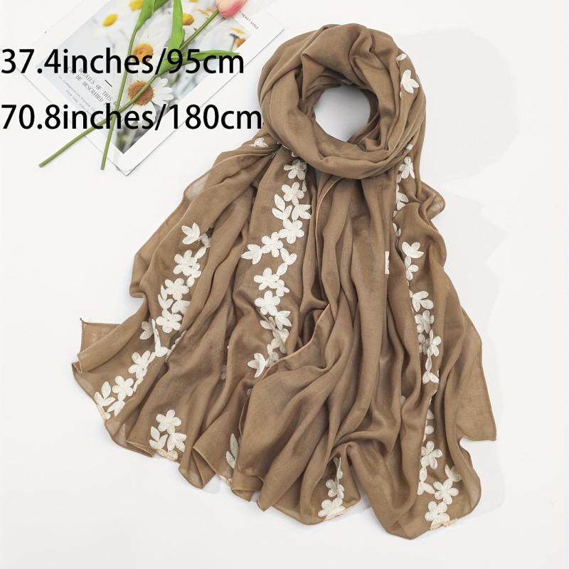 Vintage Flower Embroidery Scarf Khaki Shawl Breathable Hijab
