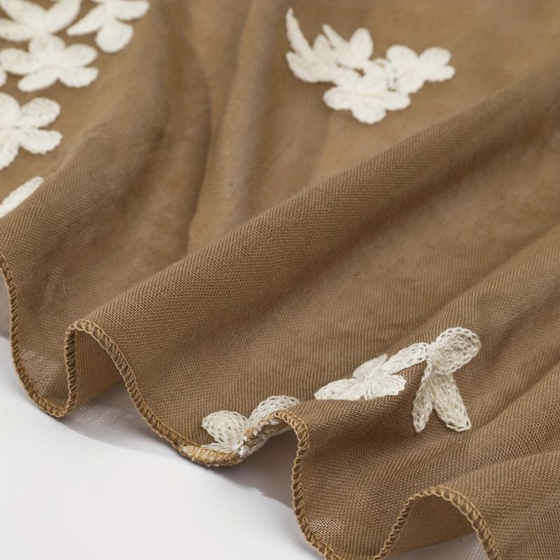 Vintage Flower Embroidery Scarf Khaki Shawl Breathable Hijab