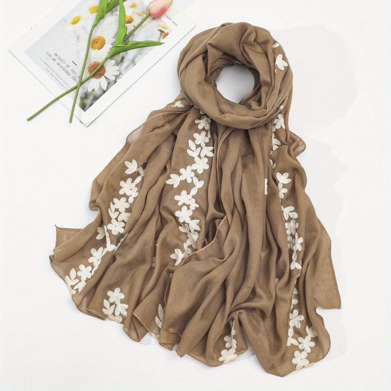 Vintage Flower Embroidery Scarf Khaki Shawl Breathable Hijab