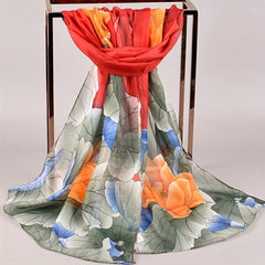 Lotus Print Chiffon Scarf Thin Windproof Shawl Sunscreen Head Wrap Beach Towel