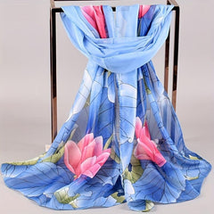 Lotus Print Chiffon Scarf Thin Windproof Shawl Sunscreen Head Wrap Beach Towel