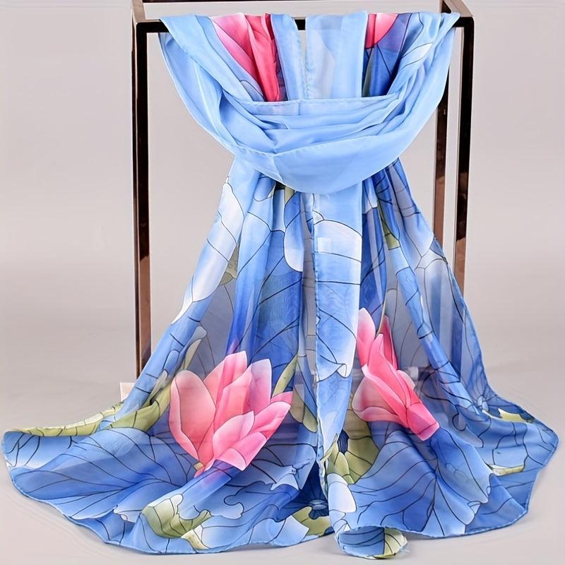 Lotus Print Chiffon Scarf Thin Windproof Shawl Sunscreen Head Wrap Beach Towel