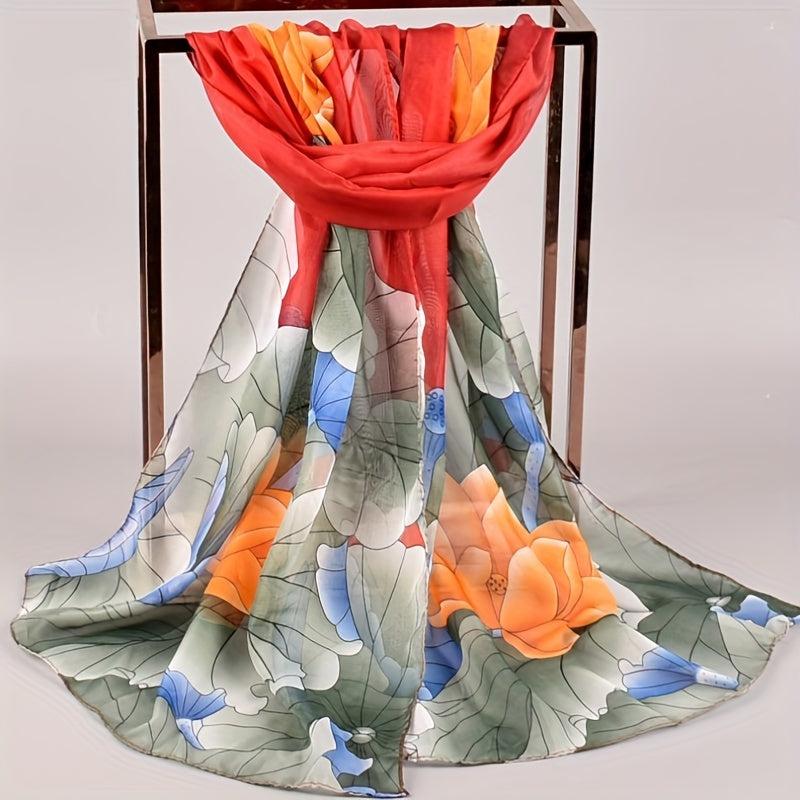 Lotus Print Chiffon Scarf Thin Windproof Shawl Sunscreen Head Wrap Beach Towel