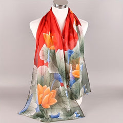 Lotus Print Chiffon Scarf Thin Windproof Shawl Sunscreen Head Wrap Beach Towel