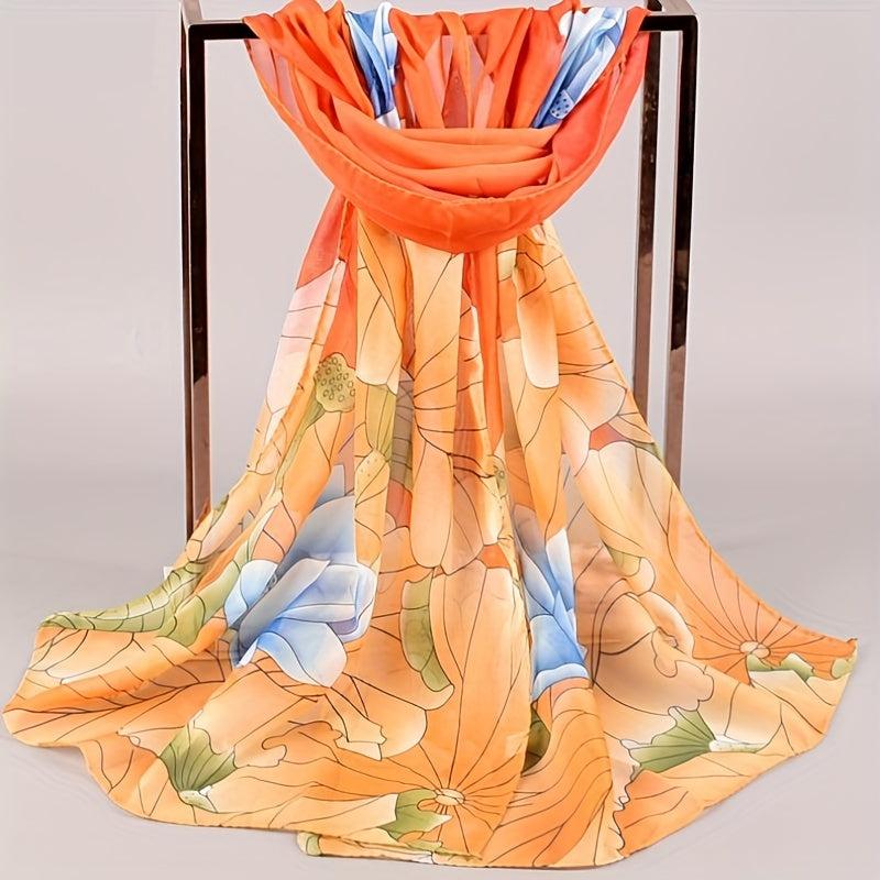 Lotus Print Chiffon Scarf Thin Windproof Shawl Sunscreen Head Wrap Beach Towel
